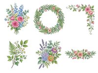 Watercolor floral arrangements with roses, lavender, and greenery isolated on white background. Perfect for wedding invitations, greeting cards, and design projects.