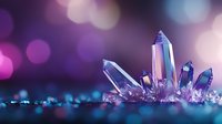 Sparkling crystal cluster with iridescent facets on glittery surface against purple bokeh background for luxury jewelry design and spiritual wellness content.