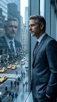 Middle-aged Caucasian male executive in dark business suit gazing out rainy high-rise window overlooking urban cityscape with skyscrapers and yellow taxis below.