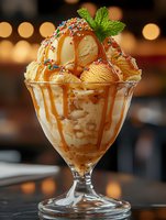 Vanilla ice cream sundae with caramel sauce, colorful sprinkles and fresh mint garnish in glass bowl. Golden bokeh background creates warm ambiance for dessert menu.
