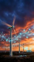 Smart wind turbines with digital connectivity icons against dramatic sunset sky showcasing renewable energy technology and IoT integration for sustainable power.