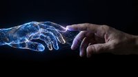Digital wireframe hand reaching toward human hand symbolizing AI and human connection in futuristic technology concept.