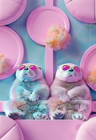 Two fluffy dogs wearing pink sunglasses lounging against pastel background with pink plates and cotton candy clouds, creating dreamy vaporwave aesthetic.