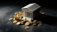 Classical bank building with golden coins scattered around representing financial stability and wealth management concepts for business presentations.