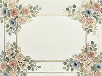 Vintage floral frame with roses, eucalyptus, and anemones in soft pastels. Gold border creates elegant space for text, invitations, or wedding designs.