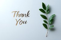 Elegant thank you message in gold lettering with fresh green olive branch on light background, minimalist greeting card design for appreciation notes.
