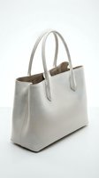 Elegant light gray leather tote bag with dual handles isolated on white background for fashion and accessory design projects.