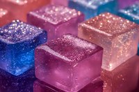 Glowing cubes with sparkly texture in pink, blue and purple colors arranged in rows, creating magical festive mood with glitter and shimmer effect on surface.