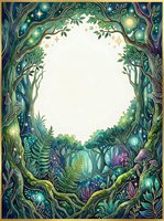 Enchanted forest frame with glowing orbs, twisted trees, ferns, and magical mushrooms surrounding a blank white center space. Isolated on white background, ready for design use on cards, posters, and invitations.