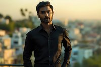 South Asian male professional in black button-down shirt against urban sunset backdrop, soft golden hour lighting creates dramatic portrait with shallow depth of field.