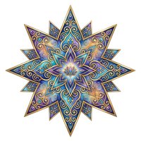Ornate star mandala with intricate gold filigree patterns, lotus center, and jewel tones of purple, blue, and amber on isolated white background for design projects.