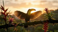 Toucan bird with spread wings perched on branch during golden sunset in tropical rainforest with colorful bromeliad flowers and lush vegetation.