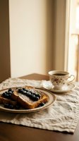 French toast topped with fresh blueberries served on ceramic plate with floral coffee cup in warm morning sunlight for breakfast dining concept.