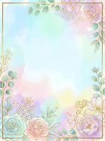 Pastel watercolor floral background with gold line art roses, peonies, and eucalyptus leaves in a golden frame for cards and invitations.