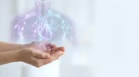 Human hands cupping glowing holographic lungs with neural network connections for medical technology and respiratory health concepts.
