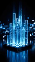 Futuristic digital city skyline with glowing blue holographic buildings and circuit patterns on dark platform with bokeh lights for technology concepts.