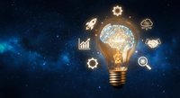 Glowing light bulb with brain inside surrounded by business icons on cosmic blue background representing innovation and creative thinking for presentations.
