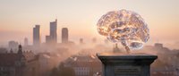Glowing digital brain hologram floating above city pedestal at sunset representing artificial intelligence and smart urban technology innovation.
