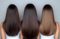 Three women with long straight hair in different shades of brown shown from behind wearing white tops, demonstrating hair color variations and styling results.