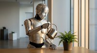 Humanoid robot sitting at desk with coffee cup in modern office environment, artificial intelligence technology concept for business automation.