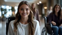 Young Caucasian woman in wheelchair smiling confidently in modern office environment with colleagues in background representing workplace inclusion.