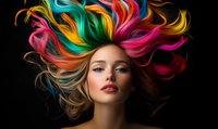 Young woman with vibrant rainbow colored hair flowing dramatically against black background, wearing natural makeup and expressing confidence. Professional hair coloring art.