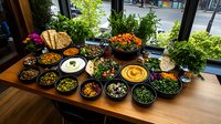 Middle Eastern mezze spread on wooden table with various dips, salads, and appetizers in black bowls. Fresh herbs and colorful vegetables create vibrant dining scene.