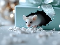 Curious white mouse peeking through torn turquoise gift box surrounded by festive bokeh lights and scattered paper shreds, creating magical holiday atmosphere.