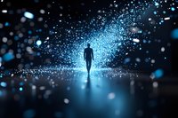 Silhouette of person walking through mystical blue light particles and bokeh effects on dark reflective surface, spiritual journey concept.
