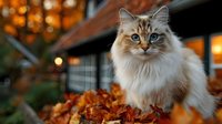 Fluffy ragdoll cat with blue eyes sitting among autumn leaves near cozy house with warm lights creating magical seasonal atmosphere for pet lovers.