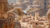 Majestic falcon soaring over ancient desert city ruins with wings spread wide, displaying detailed feather patterns against backdrop of sandstone buildings and cliffs.