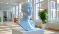 Glossy light blue mannequin bust sculpture on white pedestal in modern bright gallery space with large windows and indoor plants. Contemporary art exhibition setting.