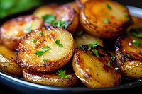 Golden roasted potato halves garnished with fresh herbs on dark plate, crispy skin with tender interior, close up view of homemade side dish.