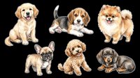 Cute puppy clipart set with six breeds isolated on transparent background, ready for stickers, t-shirt design, print on demand, and sublimation crafts.
