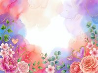 Watercolor floral frame with pink roses, peonies, and eucalyptus leaves on gradient background. Gold hearts and soft pastel colors create romantic border for wedding, greeting cards, or spring designs.