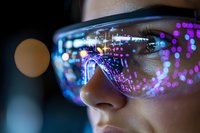 Close-up view of futuristic protective eyewear with purple and blue light reflections showing digital data visualization on transparent lens surface.