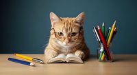 Orange tabby cat wearing eyeglasses studying an open book with colored pencils and pens on wooden desk against blue background for education and learning concepts.