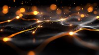 Abstract glowing orange and gold light trails with bokeh effects against dark background create dynamic flowing movement and energy in modern futuristic composition.