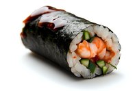 Fresh sushi roll with shrimp, cucumber and nori seaweed wrap on white background, close up view showing detailed texture and ingredients.