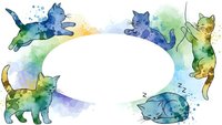 Watercolor cats frame with colorful blue green yellow splashes creating oval border for text or design elements on white background.