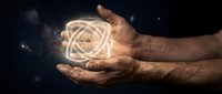 Male hands cupping glowing geometric sacred symbol against starry cosmic background. Spiritual energy, mystical power, universe connection concept.