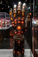 Glowing mechanical hand with illuminated red orbs and metallic segments displayed in glass case, featuring intricate steampunk-inspired design and bronze-copper finish.