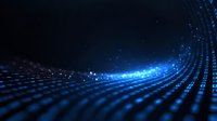 Abstract digital wave pattern with glowing blue light effect and particles on dark background creating futuristic technology visualization for tech presentations.