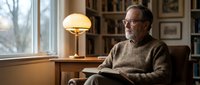 Senior Caucasian man with glasses reading book in cozy home library with warm lighting and bookshelves creating peaceful intellectual atmosphere.