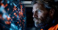 Bearded Caucasian man in orange safety vest gazes thoughtfully at glowing blue and orange particles, creating dramatic cinematic atmosphere in dark setting.