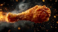 Crispy fried chicken drumstick with explosive motion effect, steam and glowing particles against dark background, dramatic food photography styling.
