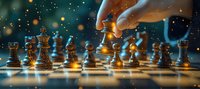 Hand moving chess piece on board with dramatic lighting and bokeh effects in background, strategic game concept for business and competition planning.