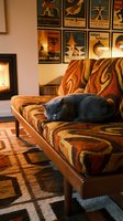 Black cat resting on mid-century modern sofa with geometric patterned upholstery in warm tones, vintage posters on wall, fireplace and patterned rug in cozy living room interior.