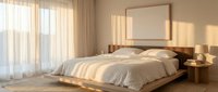 Serene modern bedroom with platform bed, neutral bedding, wooden nightstands, table lamps, and sheer curtains filtering warm sunlight for interior design and home decor projects.