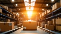 Cardboard box on conveyor belt in modern warehouse with rows of packages and warm lighting. Logistics and distribution center interior.